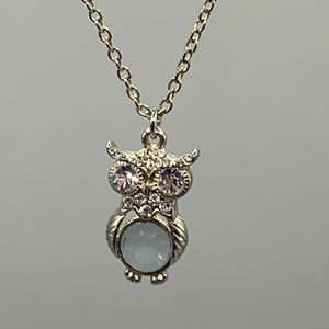 Silver tone necklace with owl with rhinestones